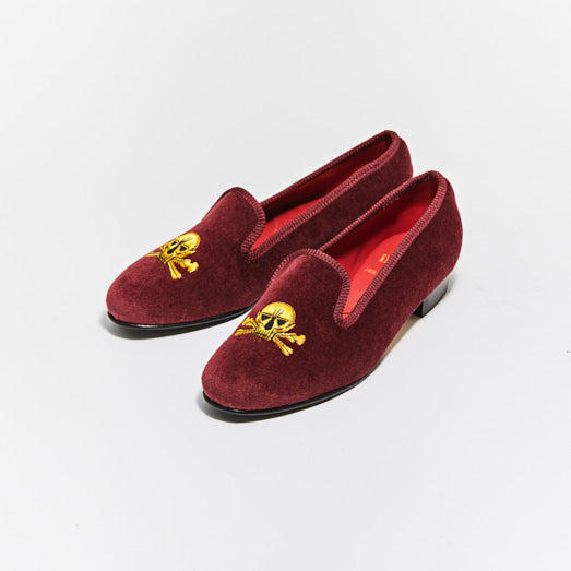 VICTORIA / BURGUNDY VELVET SKULL (HALF RUBBER SOLE)